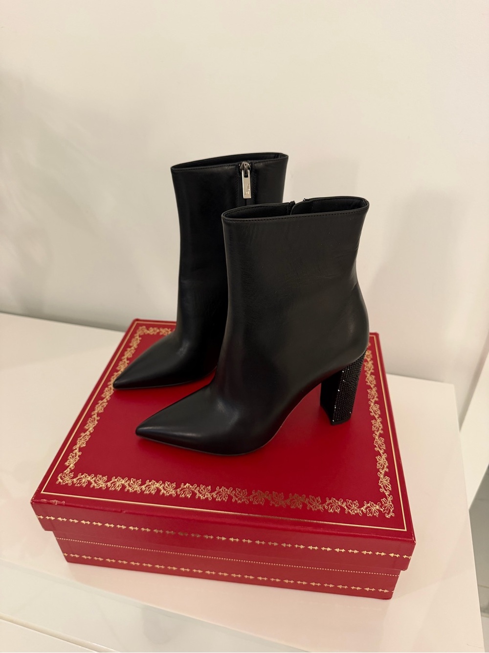 Rene Caovilla Black Pointed Leather Ankle Boots with Embellished Block Heel